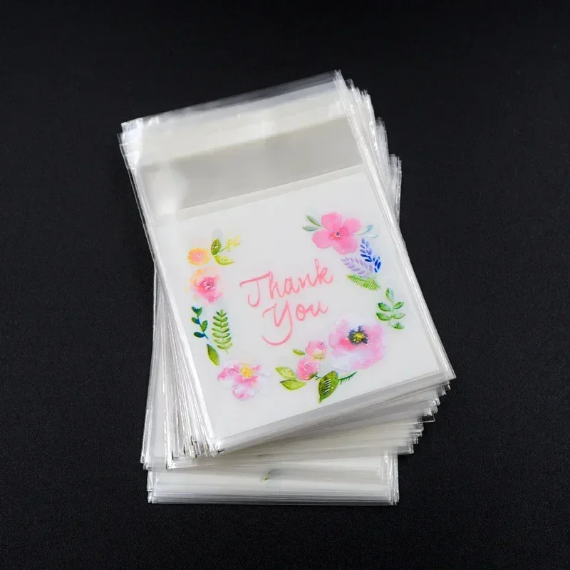 Self Adhesive Bags 100pcs/lot Plastic Bags Thank you Flower Self-Adhesive Bags for Homemade Cookie Party Gifts Bag DIY Jewelry Packaging Bag