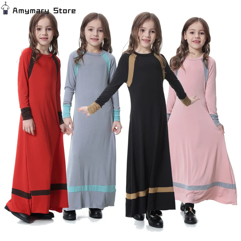 

New Middle East Arab Dubai Children Ramadan Kaftan Robe Girls Long Sleeve Dress Kids Muslim Abaya Dress Islamic Party Clothing