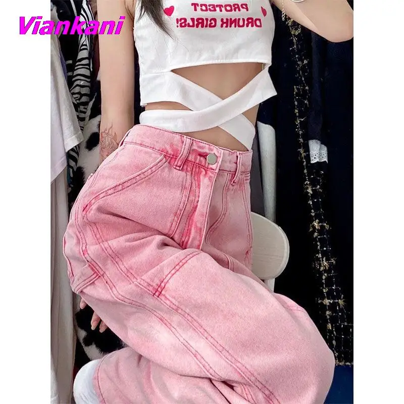 

Women's Jeans High Waist Summer 2022 New Pink Streetwear Korean Fashion Baggy Wide Leg Trouser Casual Mom Straight Denim Pants