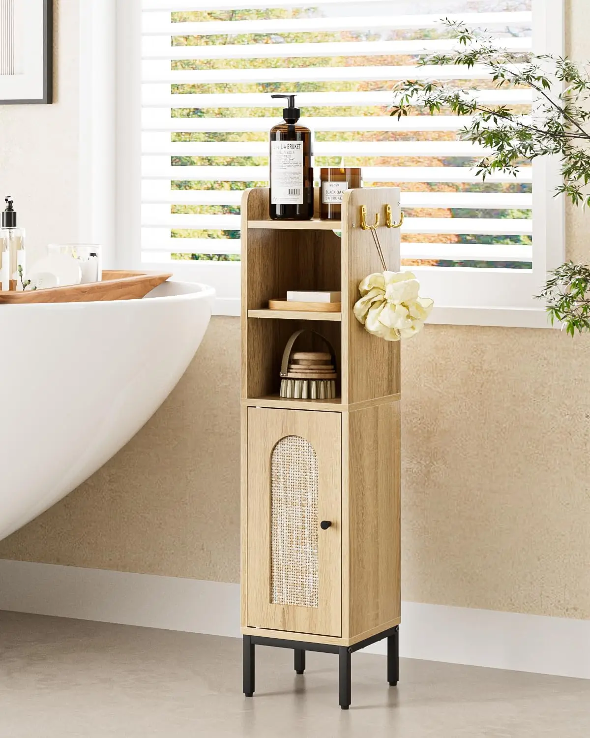 Bathroom Storage Cabinet, Small Corner Floor Hutch with Door and Shelves, Narrow Toilet Paper Cabinet, Bathroom Organizer with