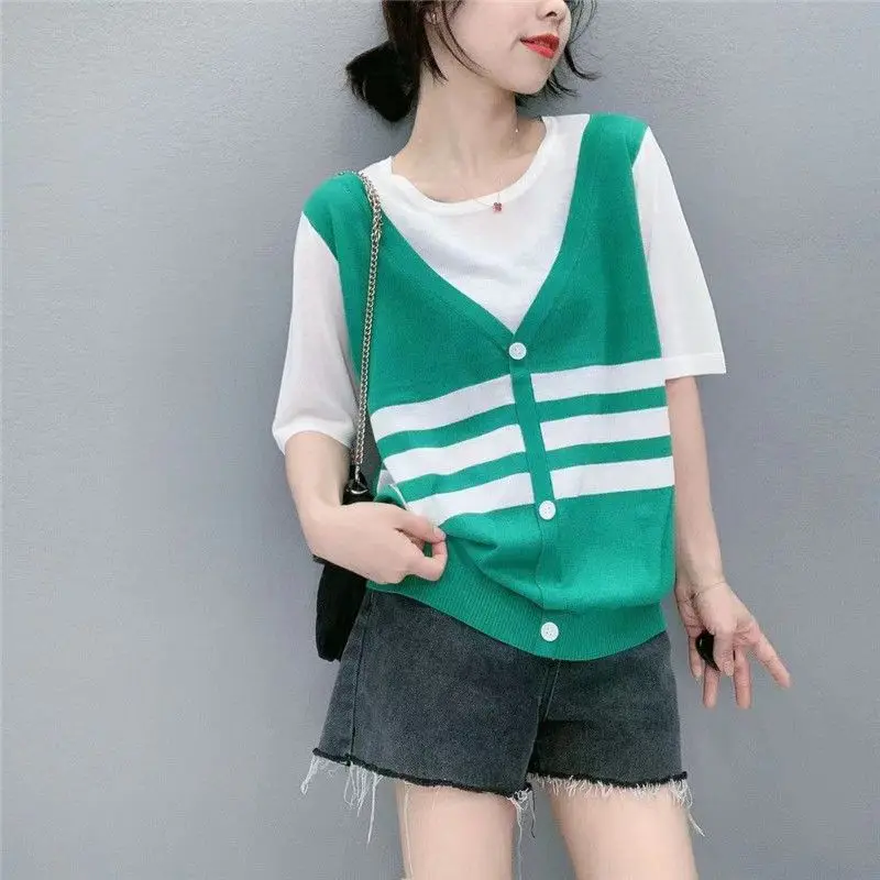 

Fashion O-Neck Spliced Striped Fake Two Piece Blouse Female Clothing 2023 Summer New Oversized Casual Pullovers Commute Shirt