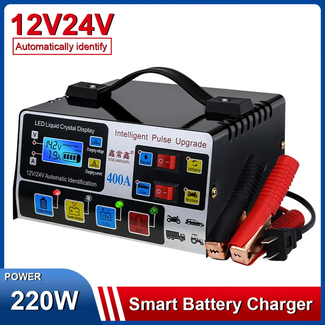 Chargeur de batterie de voiture entièrement automatique avec écran LCD, réparation intelligente des impulsions mortes élevées, 220W, 12V, 24V 1