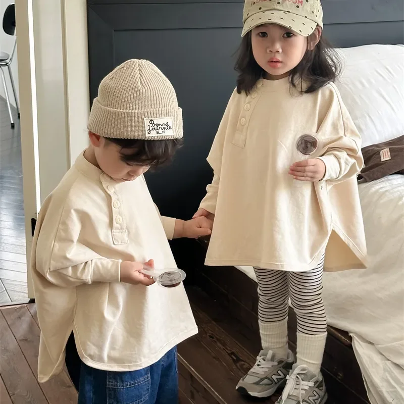 

7360 Children T Shirt Autumn 2023 New Cotton Brushed Solid Color Boy's T-shirt Bat Sleeve Girl's Pullovers Oblique Placket Tops