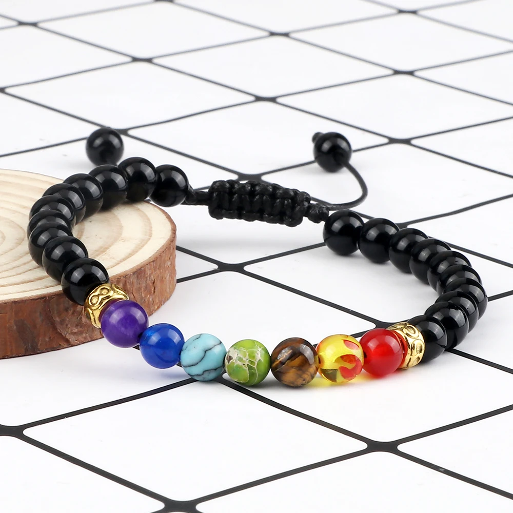 7 Chakra Beaded Charm Bracelet para Homens e Mulheres, Pedra Natural, Ágatas, Malaquita, Reiki, Contas de Cura, Casal, Yoga Jewelry, 6mm