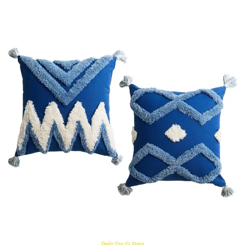 

Boho Decorative Throw Pillow for Case White Blue Stripes Tufted Tassel Cushion