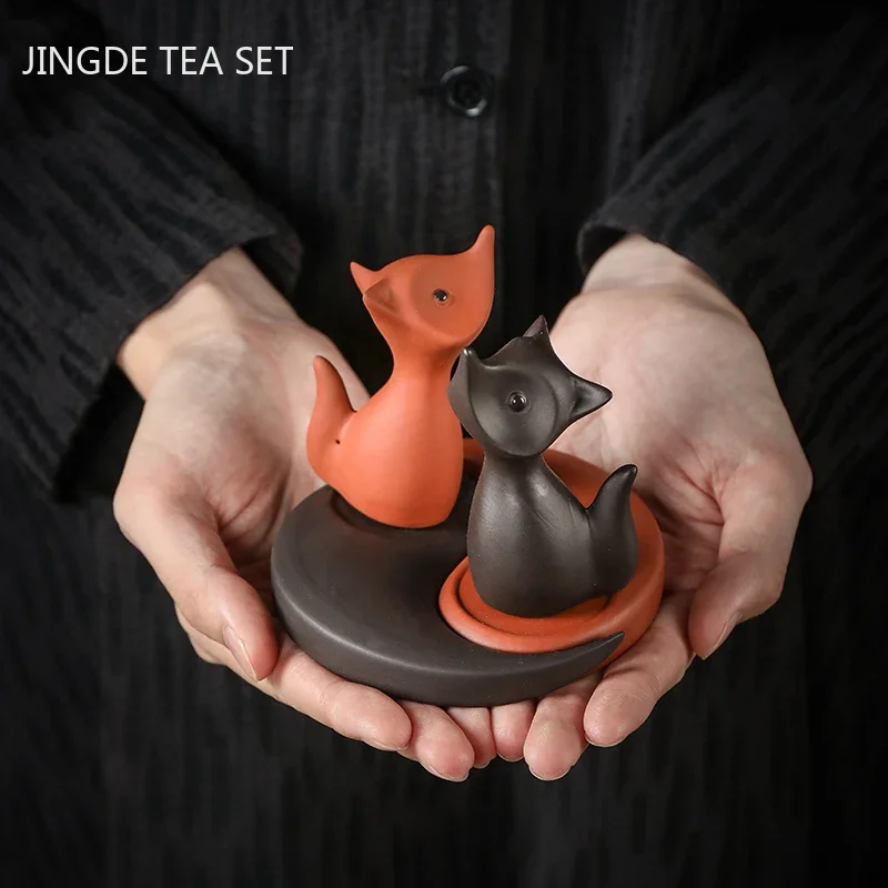 Boutique Cute Little Fox Handmade Tea Pet Decoration Purple Clay Tea Set Accessories Creative Table Ornament Handmade Crafts tea pet ornaments