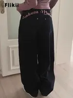 Women's Sweet Casual Full Length Baggy Denim Trouser Retro Emo Harajuku Loose Jeans Letter Embroidery High Waist Y2K 2000s Pants - Image 2