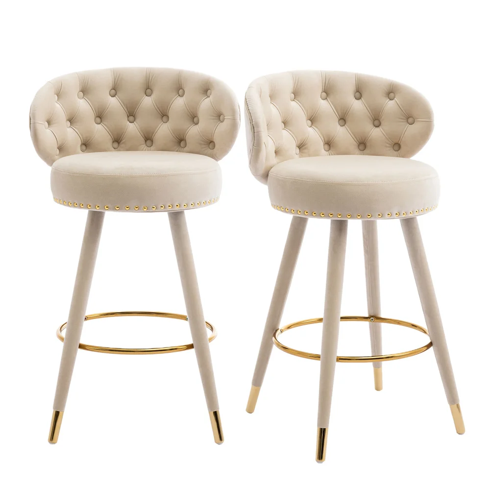 Luxury Velvet 360 ° Swivel Chair Bar Stool Wooden Leg Stool Set For Home/Kitchen/Bar/Restaurants
