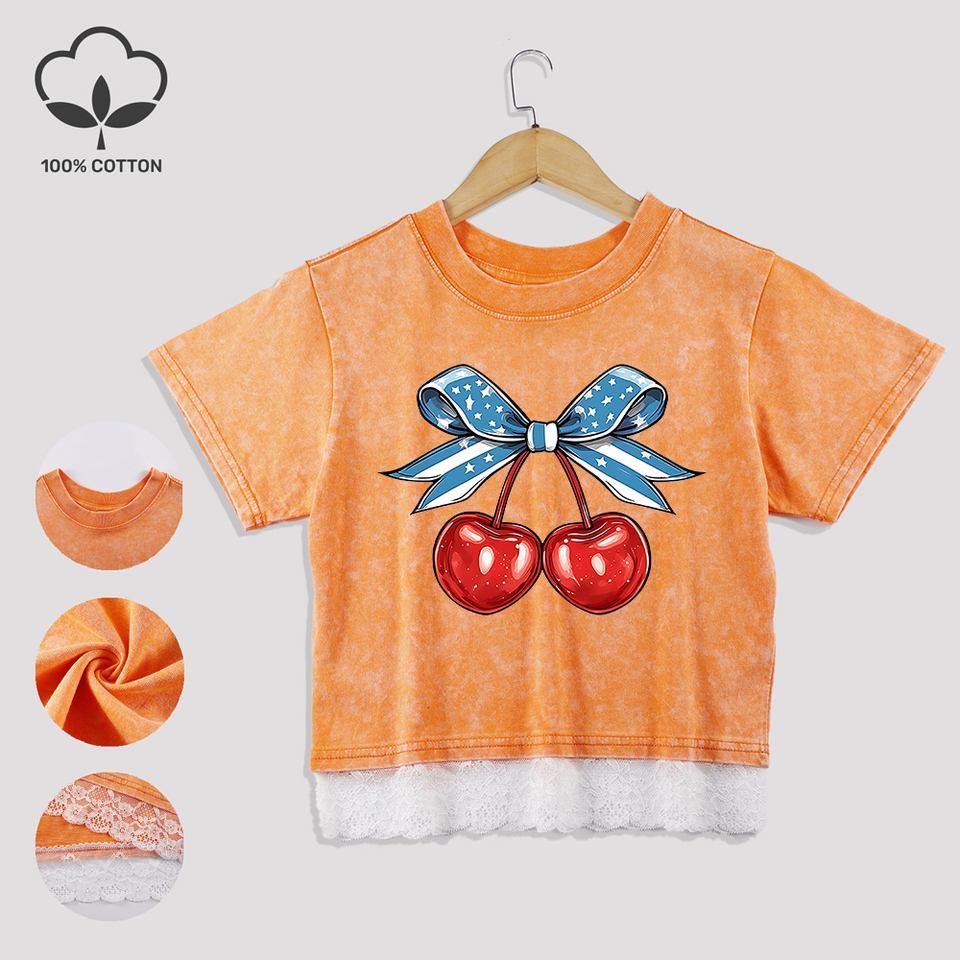 Flag Bow Cherry Design Printing Cotton Washed T-Shirts Fashion Summer Lace Hem Crop Tops Regular Fit O-Neck Tees Casual Clothes