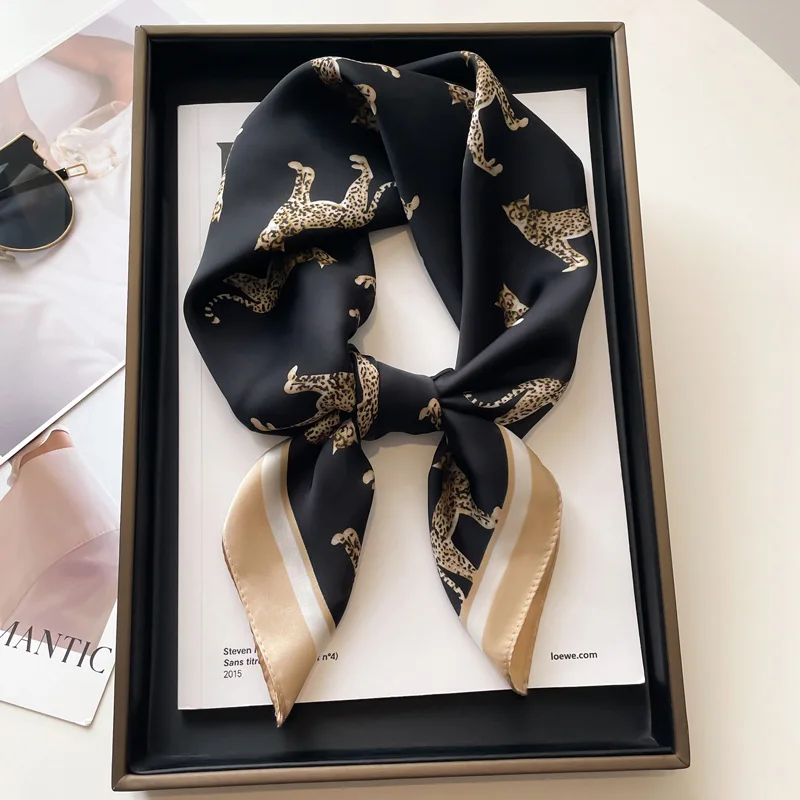 Luxury Black White Print Silk Square Scarf Women Soft Satin Hairband Neckerchief Office Hijab Headband Foulard Bag Ribbons Gift 3