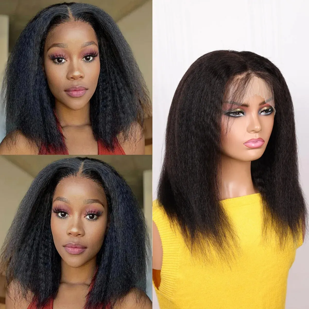 Lace Front Wig Soft Yaki Preplucked Middle Part Short Bob 16Inch 180Density Kinky Straight Synthetic With Baby Hair Glueless
