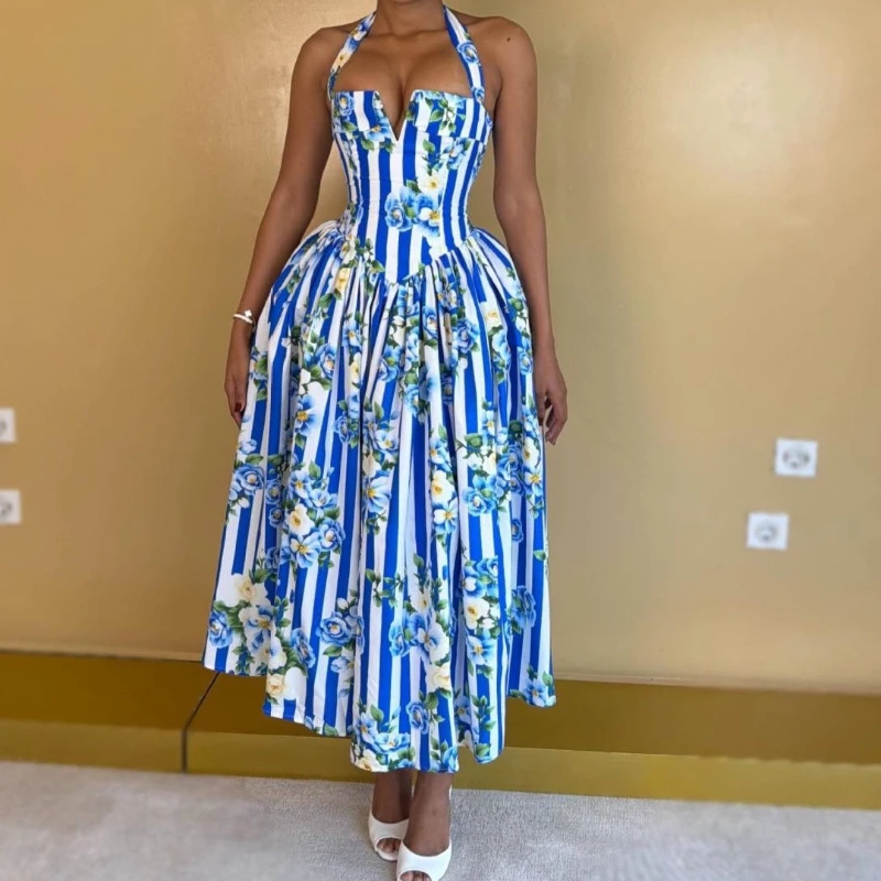 Sweet Printed Tie Neck Maxi Dress V Neck Slim Waist Cinched Flowy Maxi Dress 2026 Summer European Women Beach Vacation Dress
