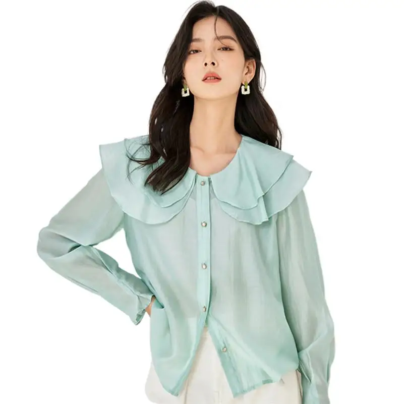 

2023 Spring Rayon Design sense Sweet Double-layer Ruffled Soft Comfortable Chic Temperament Elegant Office Lady Blouses Thin