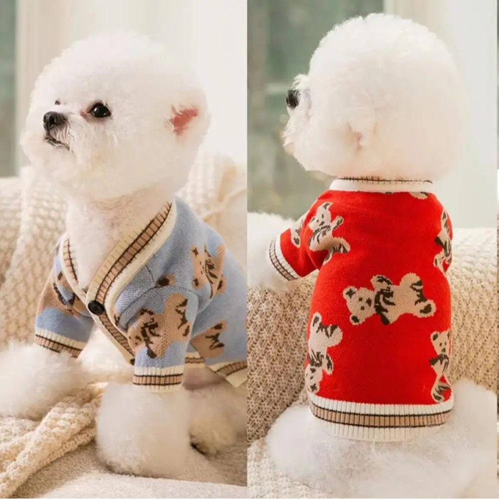 애완동물 줄무늬 옷 강아지 고양이 따뜻한 코트 강아지 가디건 애완견 코트 곰 패턴 장식 고양이 니트 스웨터 부드러운 애완동물 의상