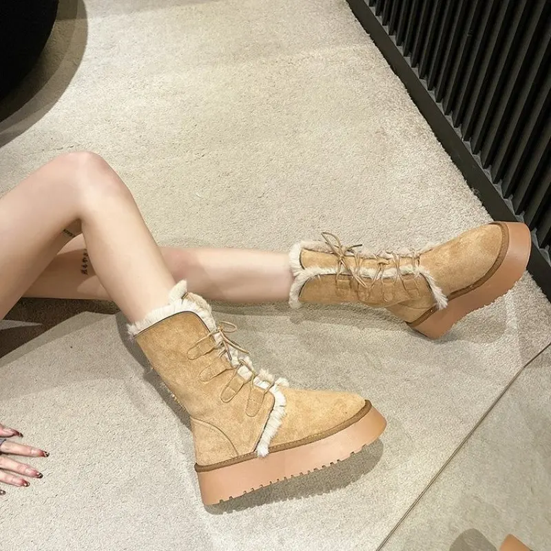 Platform Women's Boots New Winter Short Plush Warm Snow Boots High Top Lace Up Ladies Mid-calf Boots Fashion Casual Flats Shoes