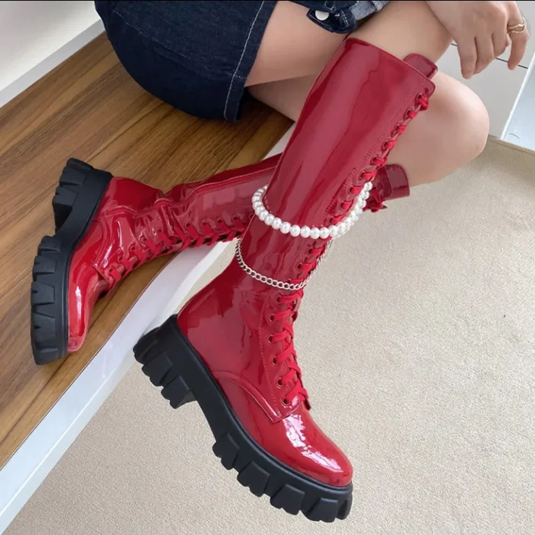 2022 New Motorcycle Boots Women Leather Shoes Pearl Chain Fashionable Comfortable Cool Casual Shoes Women Knee-high Boots