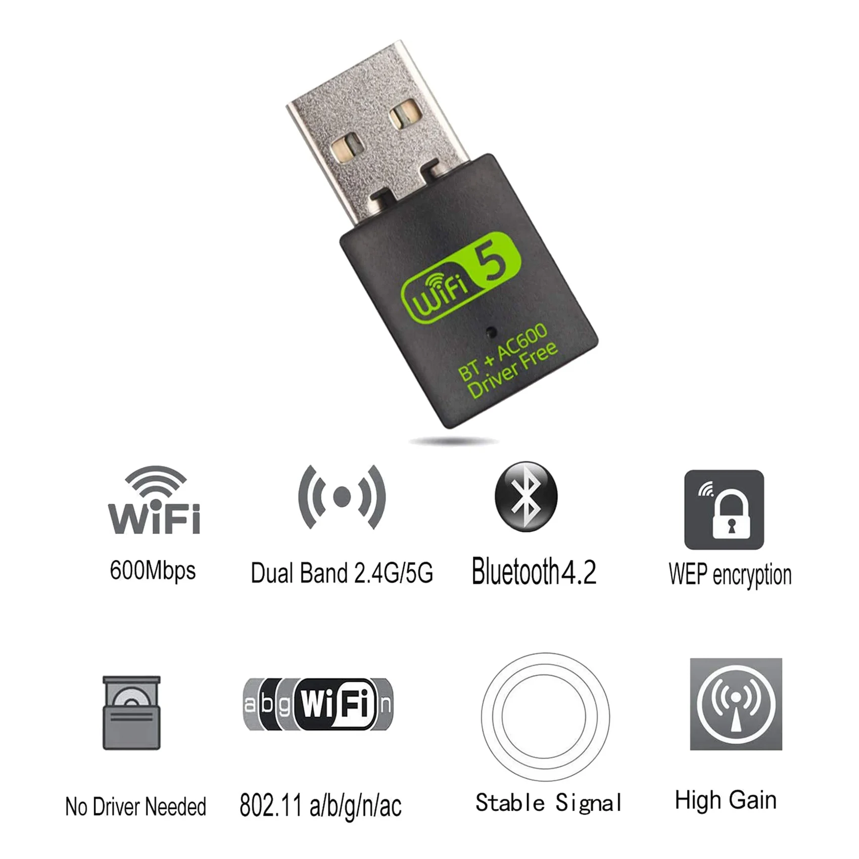 2X USB Wifi 블루투스 어댑터, 600Mbps 듀얼 밴드 무선 네트워크 외부 수신기, PC/노트북/데스크탑용 Wifi 동글