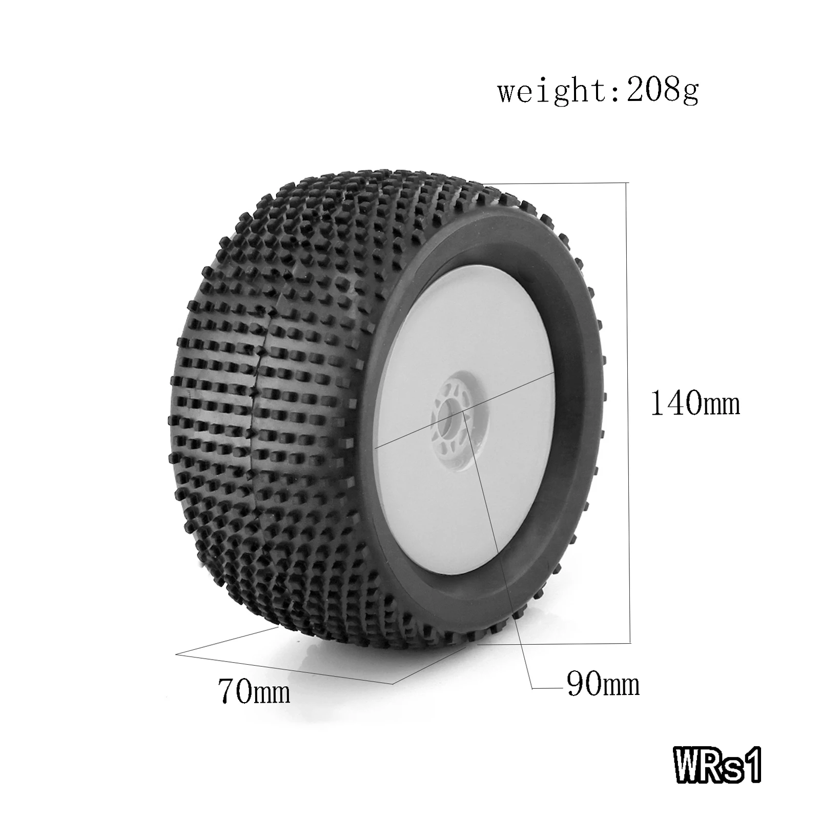 Pneus et roues 1/8 tout-terrain pour crawler RC, empilés, montrant le profil bas et la jante renforcée.