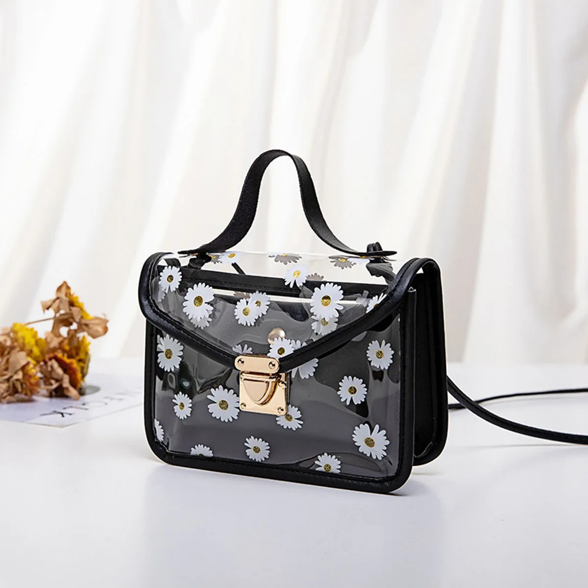 Cute Floral Print Mini Crossbody Bag Transparent Ladies Small Fresh Style Bag Fashionable See-through Design Women's Purse