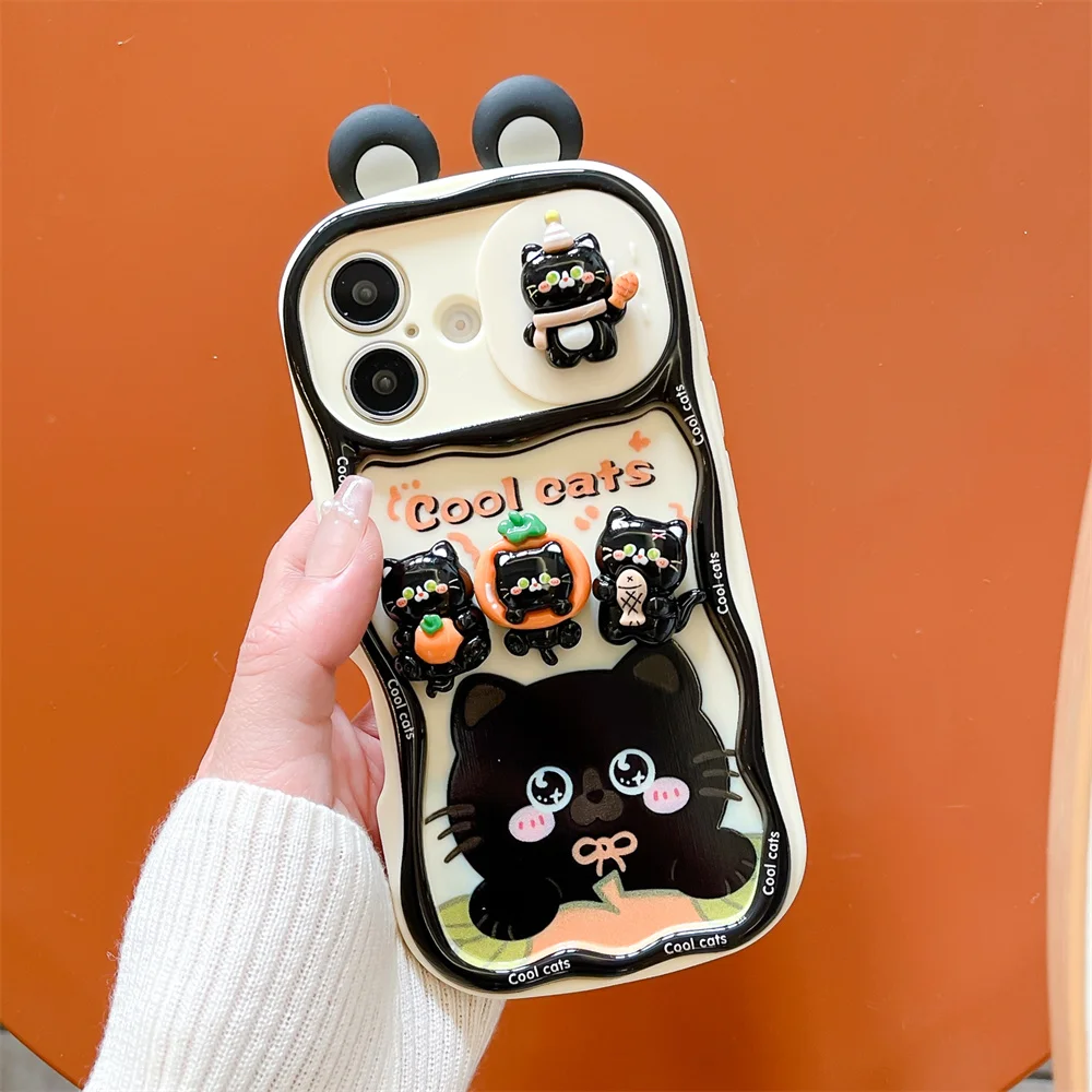 Adorable Cartoon Black Cat Push-Pull Lanyard Phone Case - Soft Protective Cover