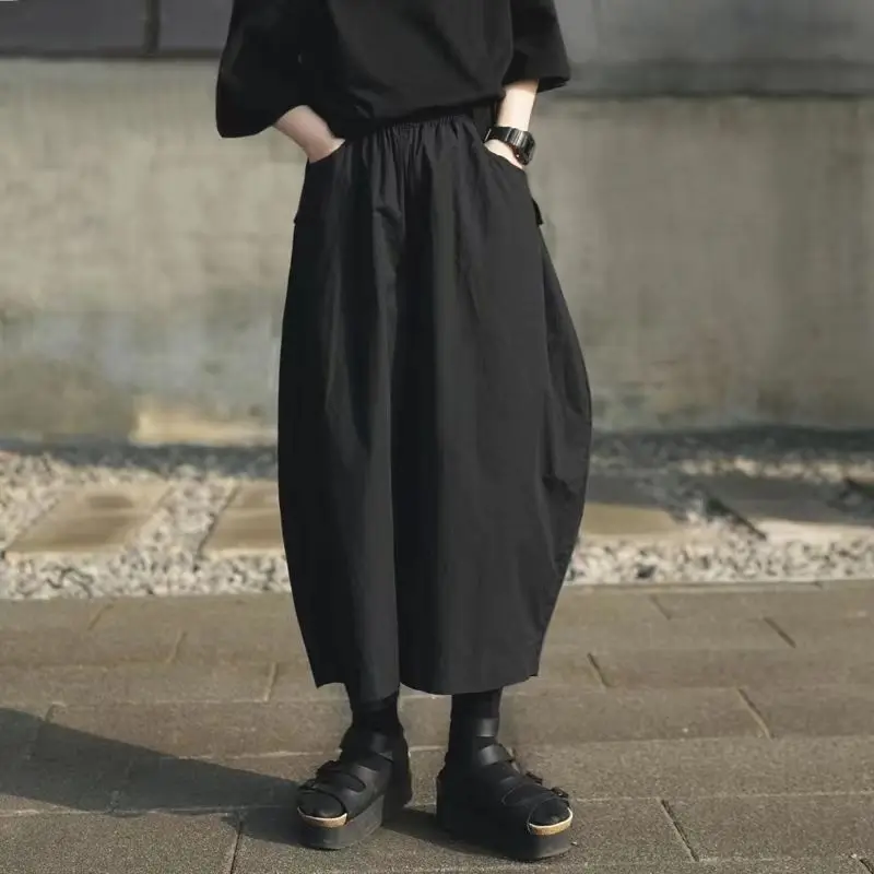 Spring New Nine Split Wide Leg Pants Retro Large Size Casual Pants Women's Literature Solid Elastic Waist Skirt Pants