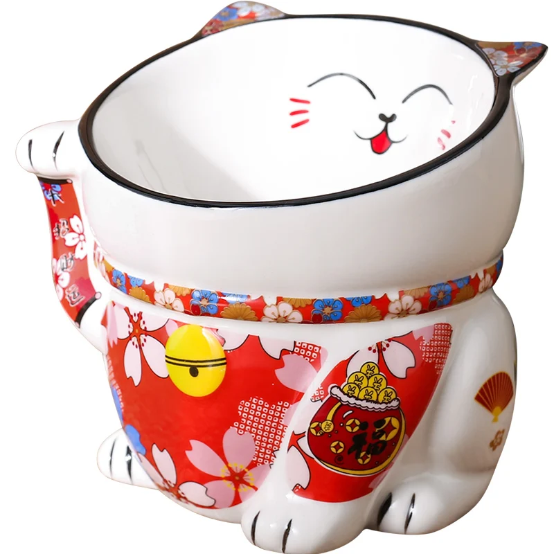 Pet Supplies Ceramic Cat Bowl Food Basin Tall Cat Bowl Oblique Japanese Style Wind Cute
