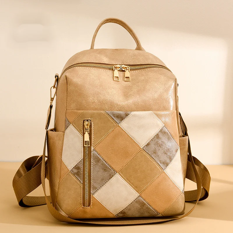 Women's New European And American Retro Women's Backpack PU Soft Leather Fashionable Diamond Grid Multifunctional Travel Backpack_voghion.com