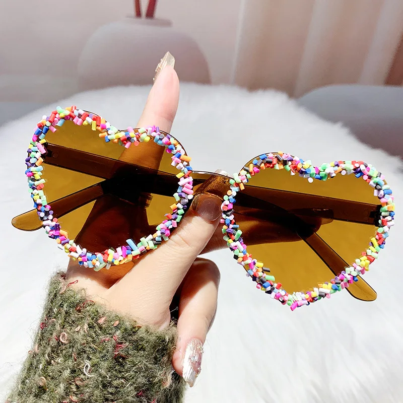 Fashion Heart Shape Sunglasses with Colorful Jimmies Women Stylish Cute Beach Sun Glasses Trendy Original Vacation Casual Shades