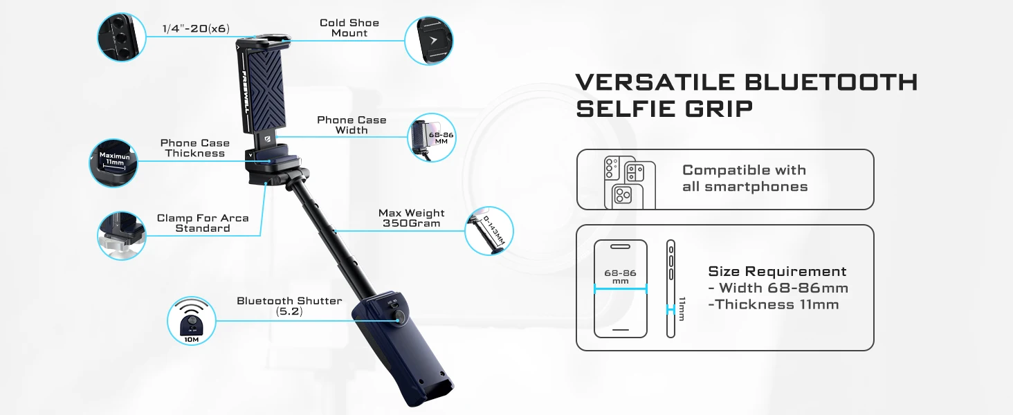 Versatile Bluetooth Smartphone Selfie Grip with ARCA Standard, Cold Shoe Mount f