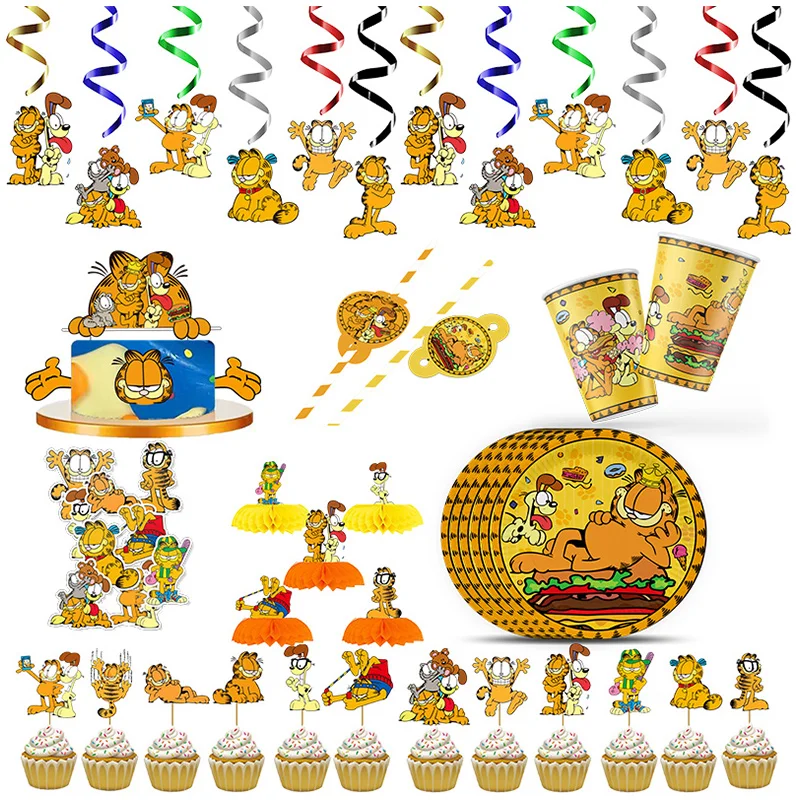 Garfield Themed Happy Birthday Party Supplies Decoration Disposable Tableware Plates Cups Honeycomb Straws Baby Shower Home Deco