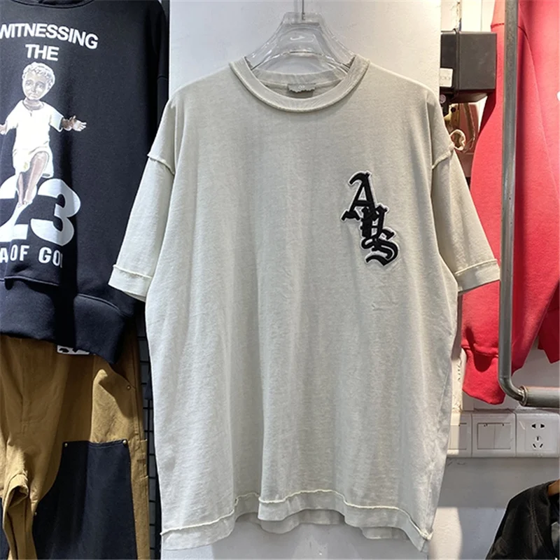 ASK Street Embroidered Letter Reverse Line Short Sleeve Washing Old Men's And Women's Loose Large Round Neck Casual t-Shirt |