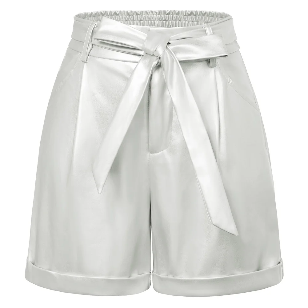 Belle Poque  Women Polyurethane Leather Shorts Elastic Waist Fold-up Leg Opening Shorts With Pockets