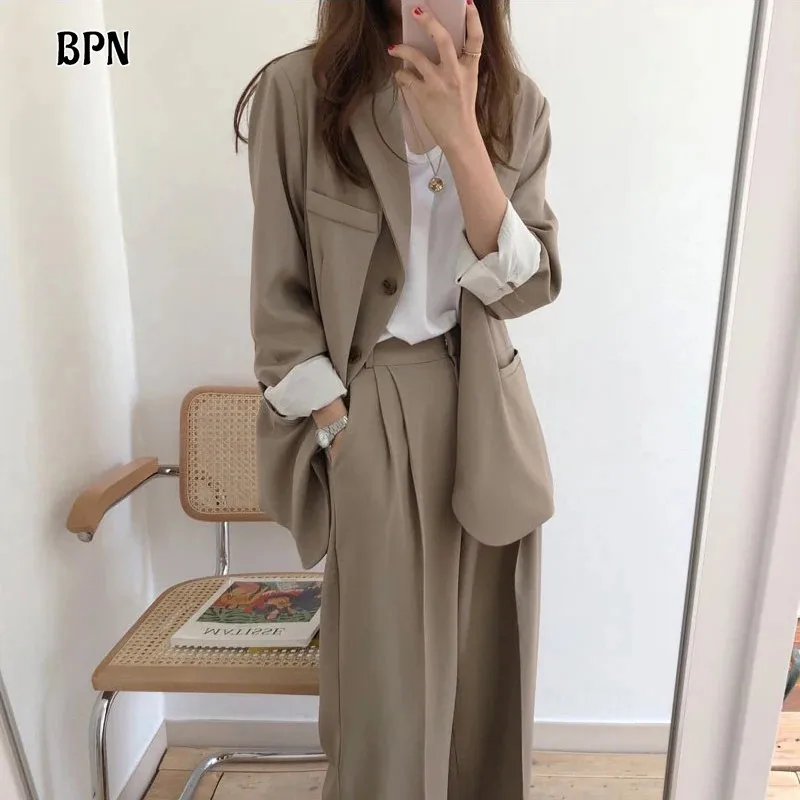 

BPN Tempermanet Two Piece Sets For Women Notched Collar Long Sleeve Solid Blazer High Waist Wide Leg Pants Casual Set Female New