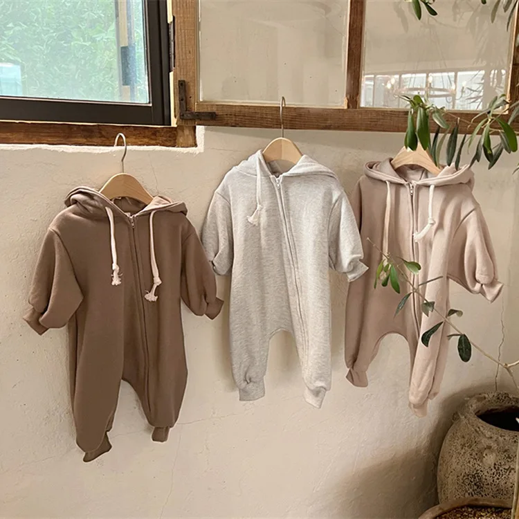 

Baby Plus Velvet Padded Autumn And Winter Hooded Jumpsuit Baby Oblique Zipper Long Climbing Suit Fart Jacket