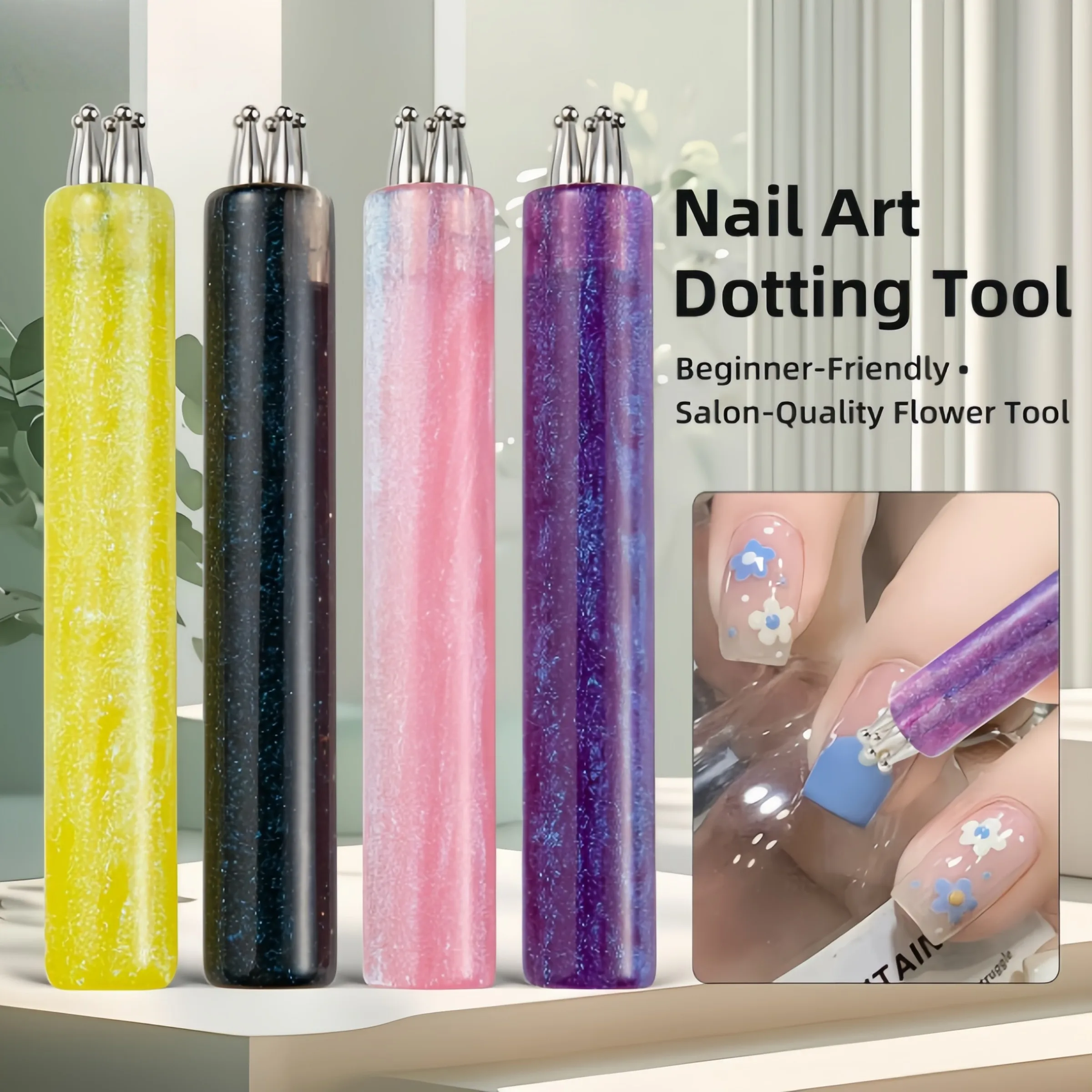 Flower Dotting Tool for Nail Art with Acrylic Handle, Ideal for DIY Design, Professional & Beginner-Friendly, Portable