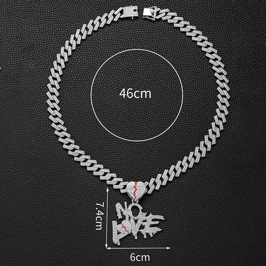Street Hip Hop Letter NO LOVE Pendant Cracking Heart, Unique and Unique Necklace, Men's Cuban Jewelry
