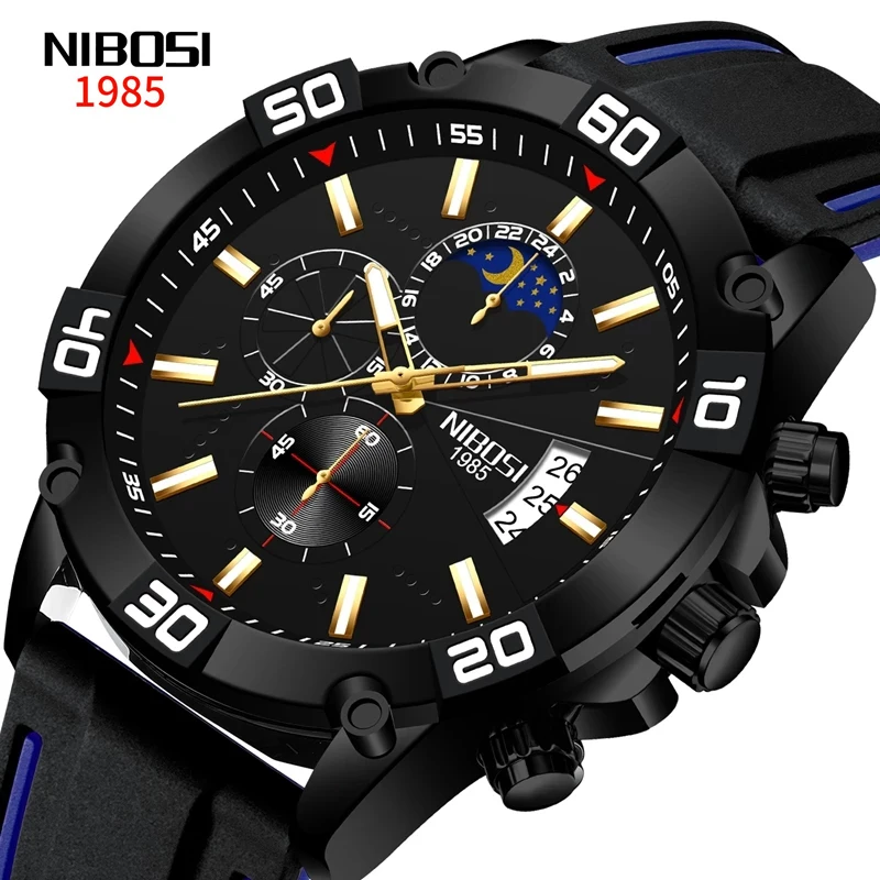 

NIBOSI New Sports Silicone Quartz Watch for Men Waterproof Luminous Chronograph Mens Watches Top Brand Luxury Relogio Masculino