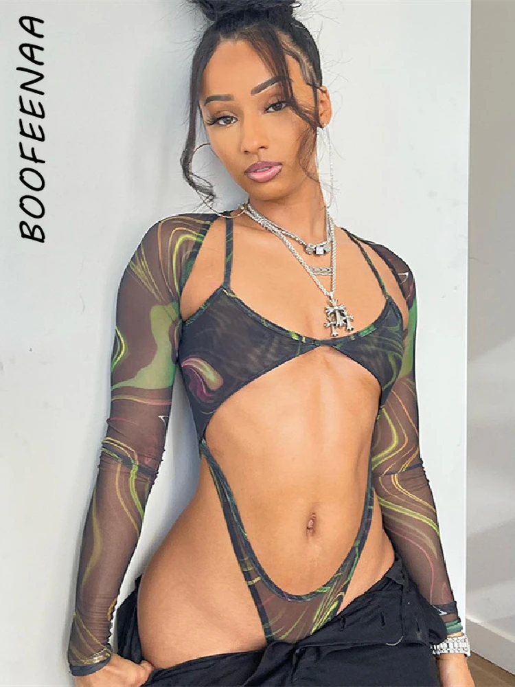 BOOFEENAA See Through Mesh Cutout V Neck Bodysuit Sexy Clubwear Rave Outfits for Woman Long Sleeve Top Festival Clothing C85BI10 |