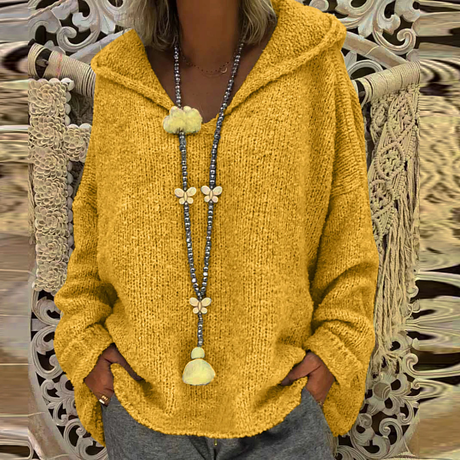 

Winter Autumn Solid Color Sweater Women Long Sleeve Braided Hooded Pullover Boho Streetwear Knitted Sweater Oversized 2024