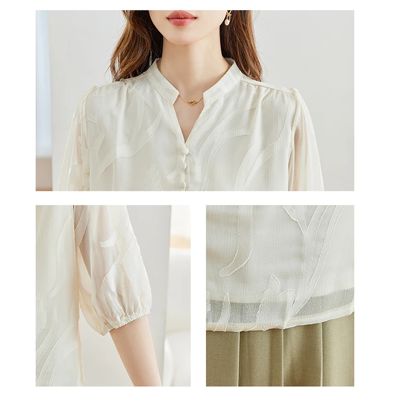 QOERLIN V Neck Half Sleeve Loose Buttons Tops Shirts Black Korean Fashion Elegant Casual Blouse Lace Summer Shirts Workwear Tops