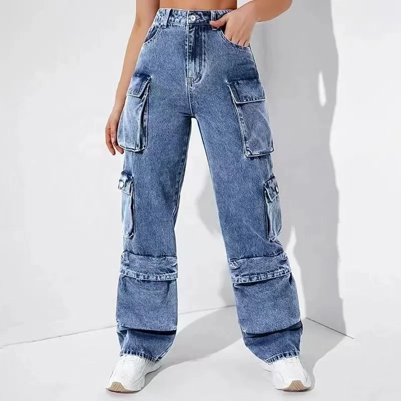 Jeans Women Straight Cargo Pants Denim High Waist Vintage Pockets Button Basics Ankle Length Trousers 2024 Autumn Streetwear