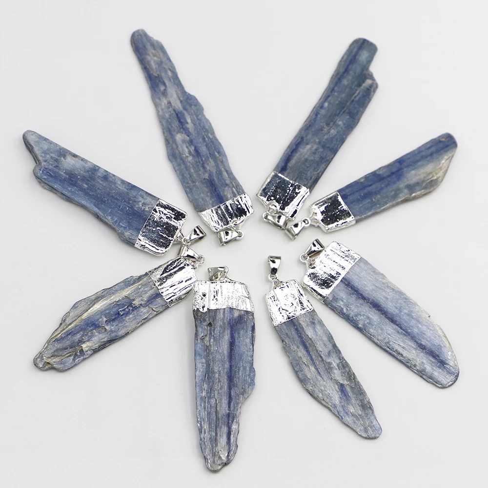 Natural Stone Kyanite Gemstone Pendants Irregular Raw Mineral Pendulum Healing Green Quartz Necklace Blue Crystal 8Pcs Wholesale