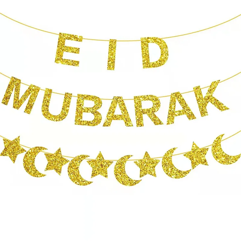 Stamping Gold Eid Mubarak Banner Star Moon Happy Eid Mubarak Party