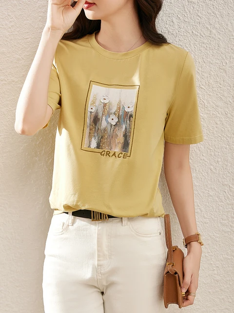 Vimly T Shirt Women Short Sleeve 2022 Summer Fashion Clothing Embroidery Sequins Cotton Ladies Tops T Shirts  Clothes V2525 3