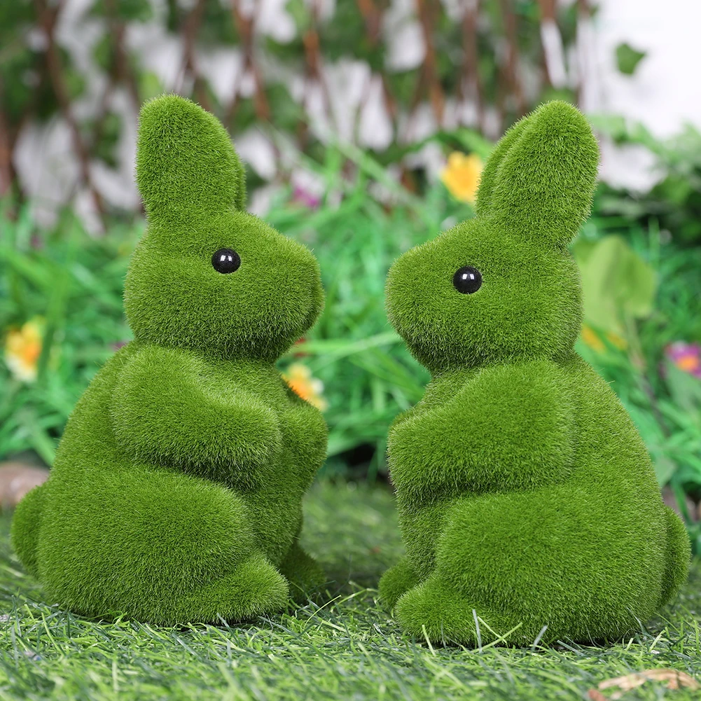 Flocked Bunny Statue Decorative Artificial Moss Rabbit Figure
