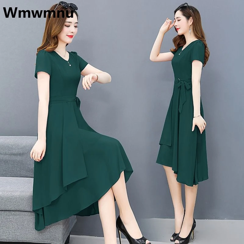 

V-neck Summer Oversized 75kg Dress Irregular Korean Women Kleid A-line Short Sleeve Vestidos Elegant Vintage Midi Dresses