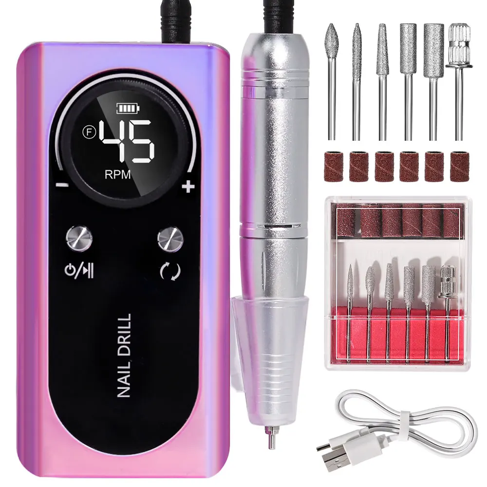 45000RPM Rechargeable Nail Drill Machine with LCD, Low Noise Professional Nail Polish Sander, Nails Accessories Set 1