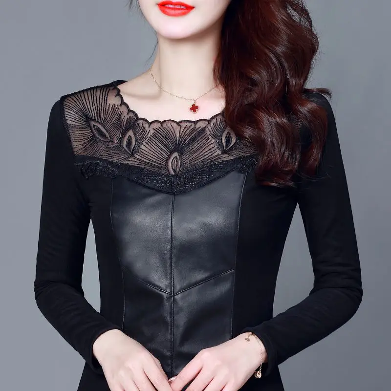 1pcs Women's Blouses Tops 2024 Spring New Fashion Lace PU Leather Splicing Hollow Long Sleeve Primer Ladies Skinny Retro Shirts