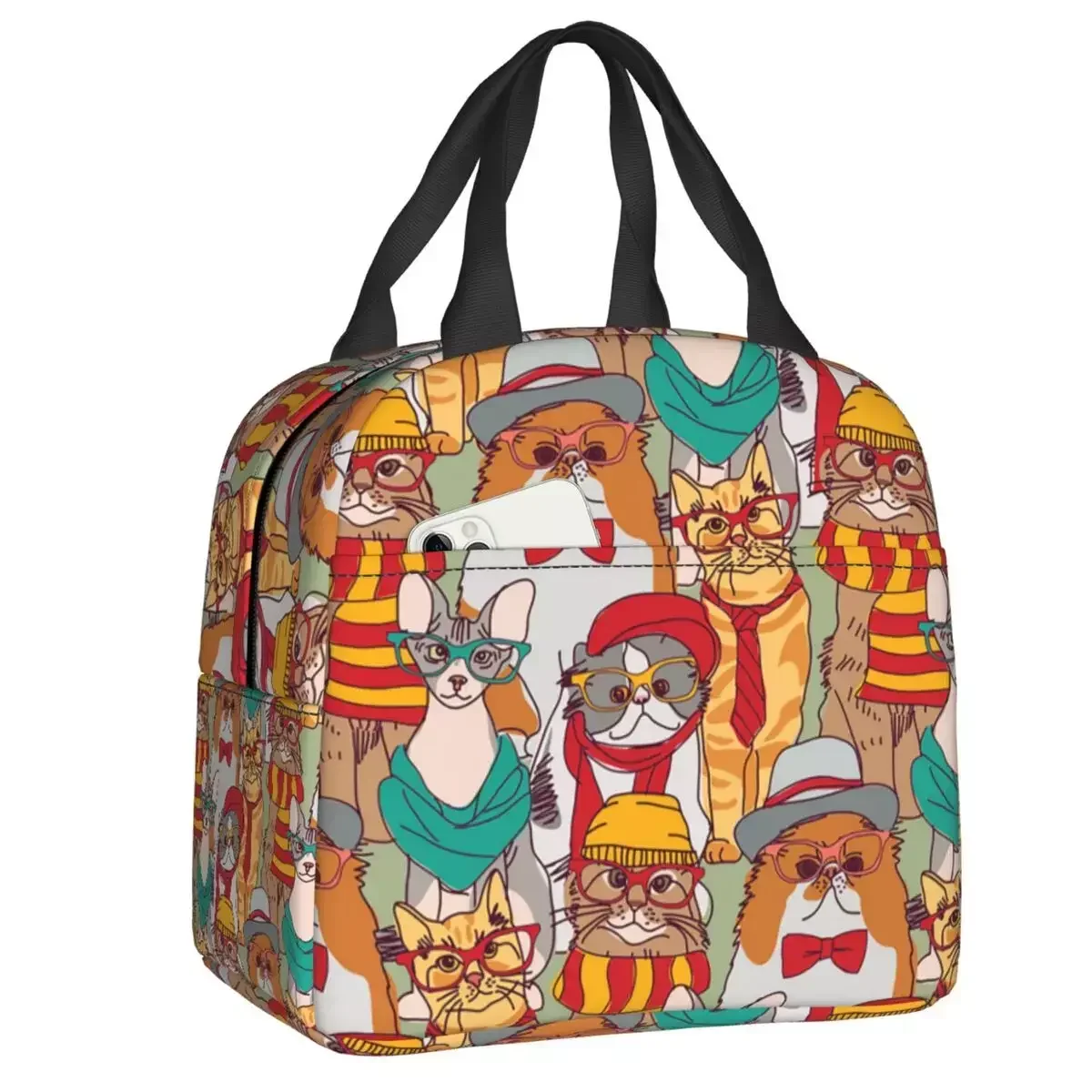 

Новинка 2023, модная изолированная сумка для обеда с изображением хипстерских кошек, милый мультяшный котенок, термоохлаждающий Ланч-бокс, для пляжа, кемпинга, путешествий