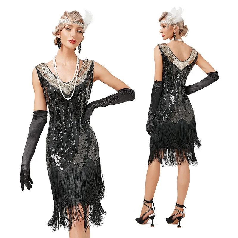 Vintage 1920s Flapper V-neck Double Tassel Dress Great Gatsby Cosplay Costume Cocktail Party Charleston Dance Sequin Stud Dress